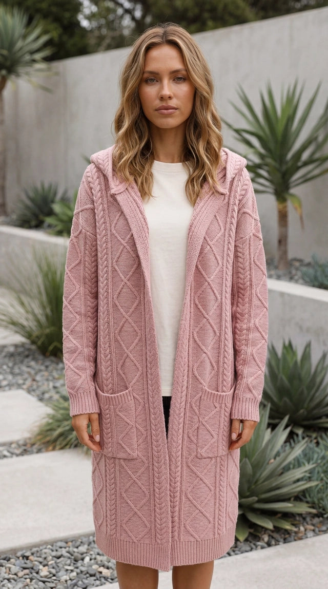Women’s Long Hooded Cable Knit Cardigan With Pockets