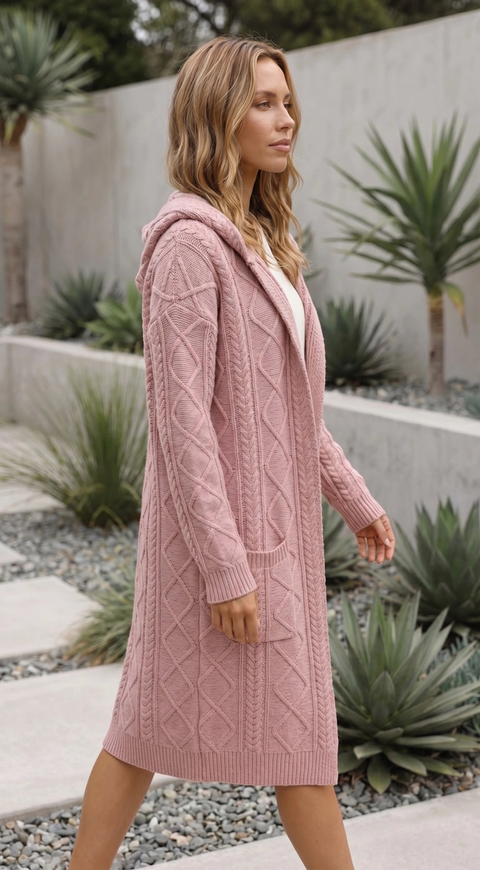Women’s Long Hooded Cable Knit Cardigan With Pockets