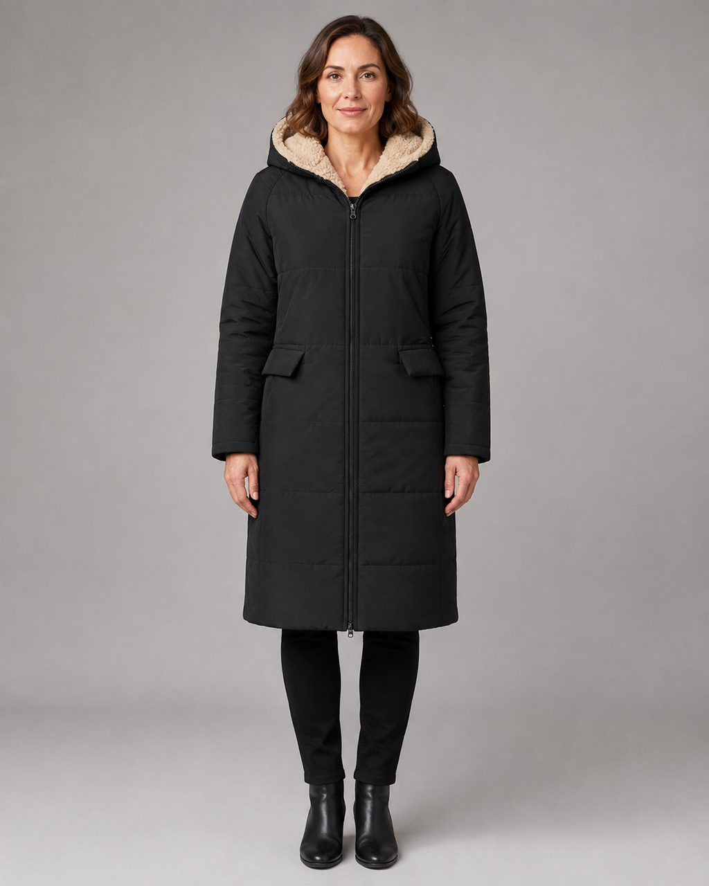 Women's Long Hooded Puffer Coat with Sherpa Lining and Zip Front