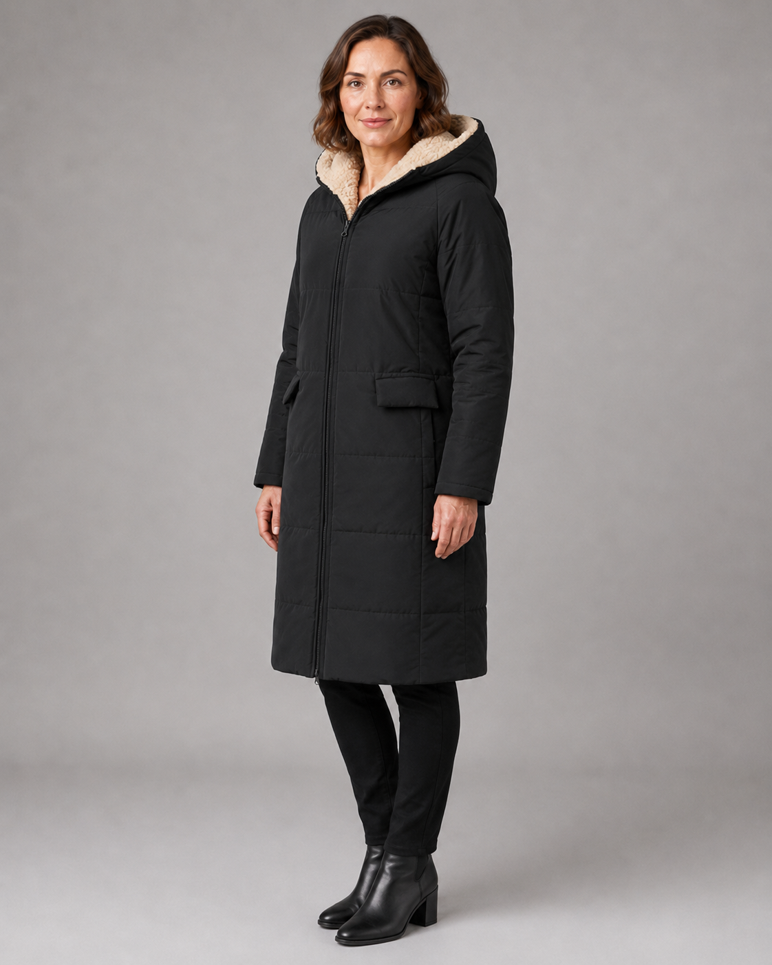 Women's Long Hooded Puffer Coat with Sherpa Lining and Zip Front