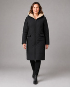 Women's Long Hooded Puffer Coat with Sherpa Lining and Zip Front