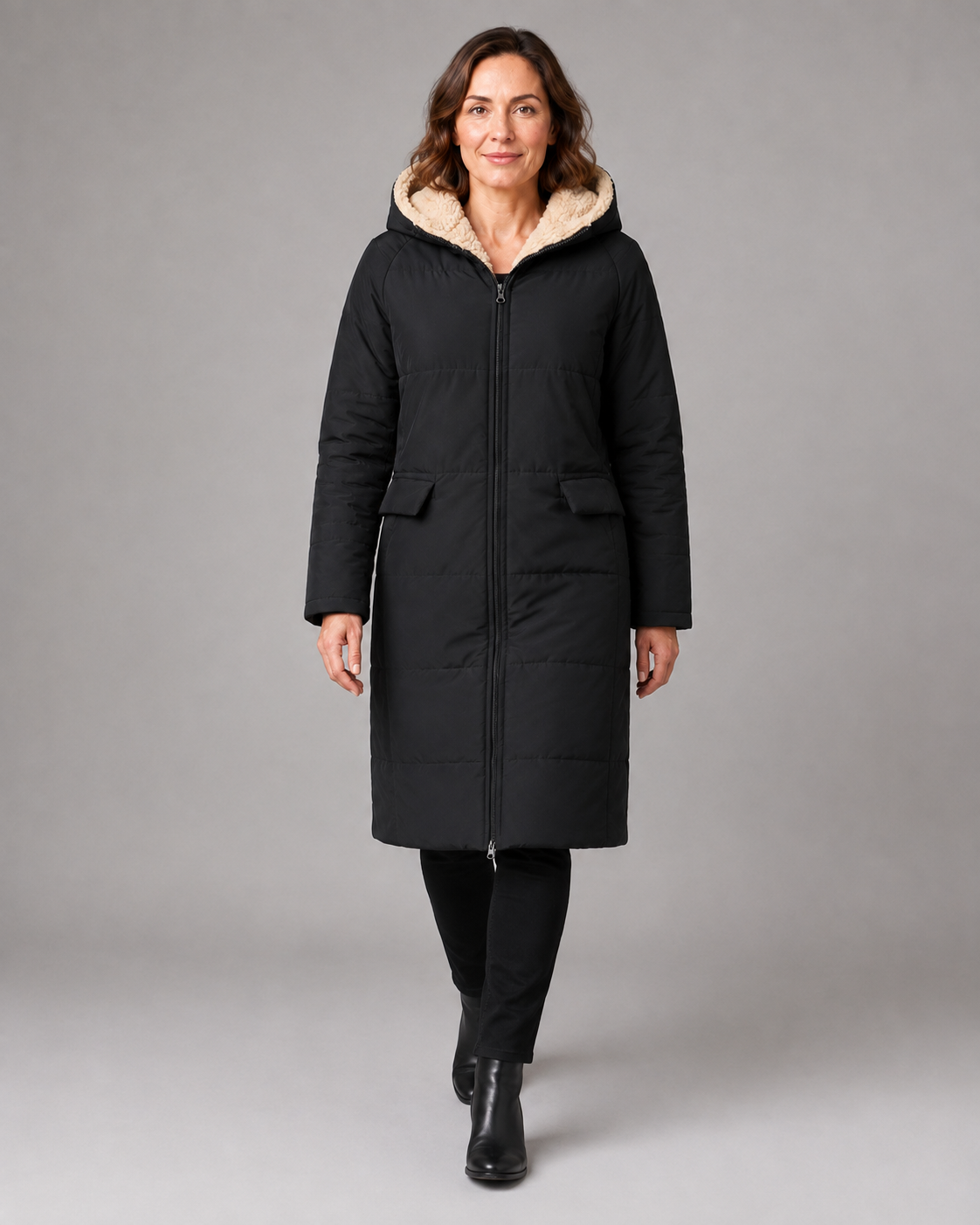 Women's Long Hooded Puffer Coat with Sherpa Lining and Zip Front