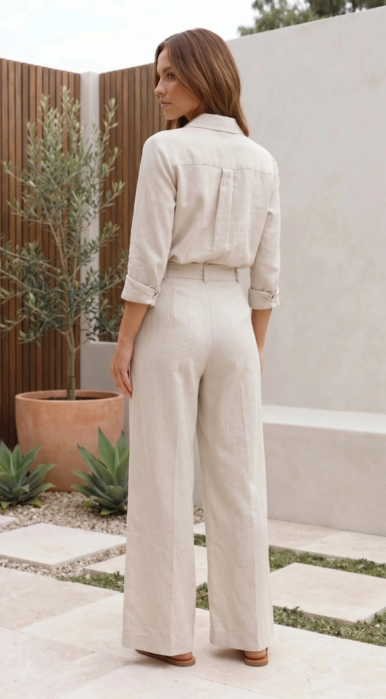 Women’s Long Sleeve Button Up Shirt and Wide Leg Pants Matching Set