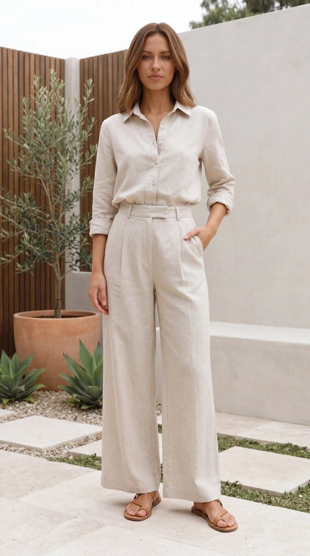 Women’s Long Sleeve Button Up Shirt and Wide Leg Pants Matching Set