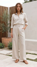 Women’s Long Sleeve Button Up Shirt and Wide Leg Pants Matching Set