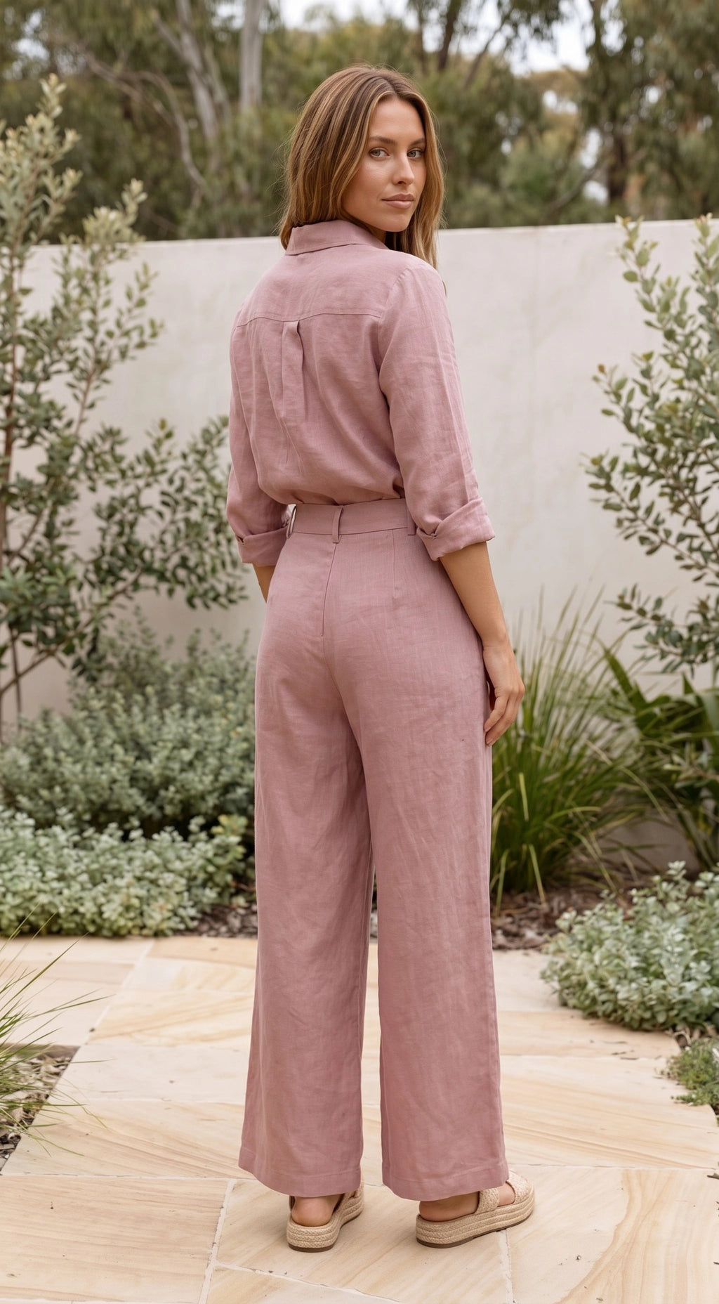 Women’s Long Sleeve Button Up Shirt and Wide Leg Pants Matching Set