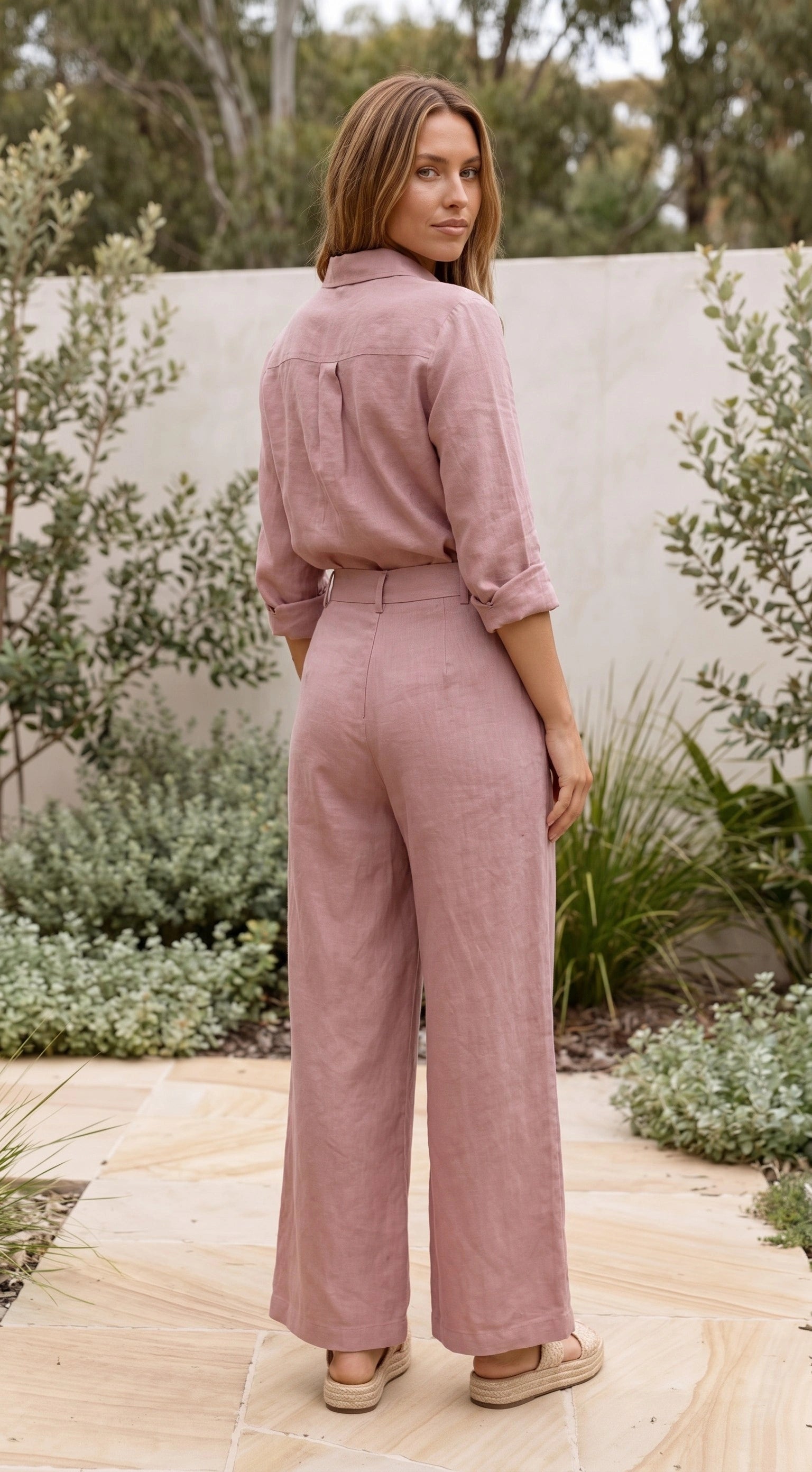 Women’s Long Sleeve Button Up Shirt and Wide Leg Pants Matching Set
