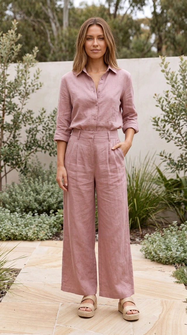 Women’s Long Sleeve Button Up Shirt and Wide Leg Pants Matching Set