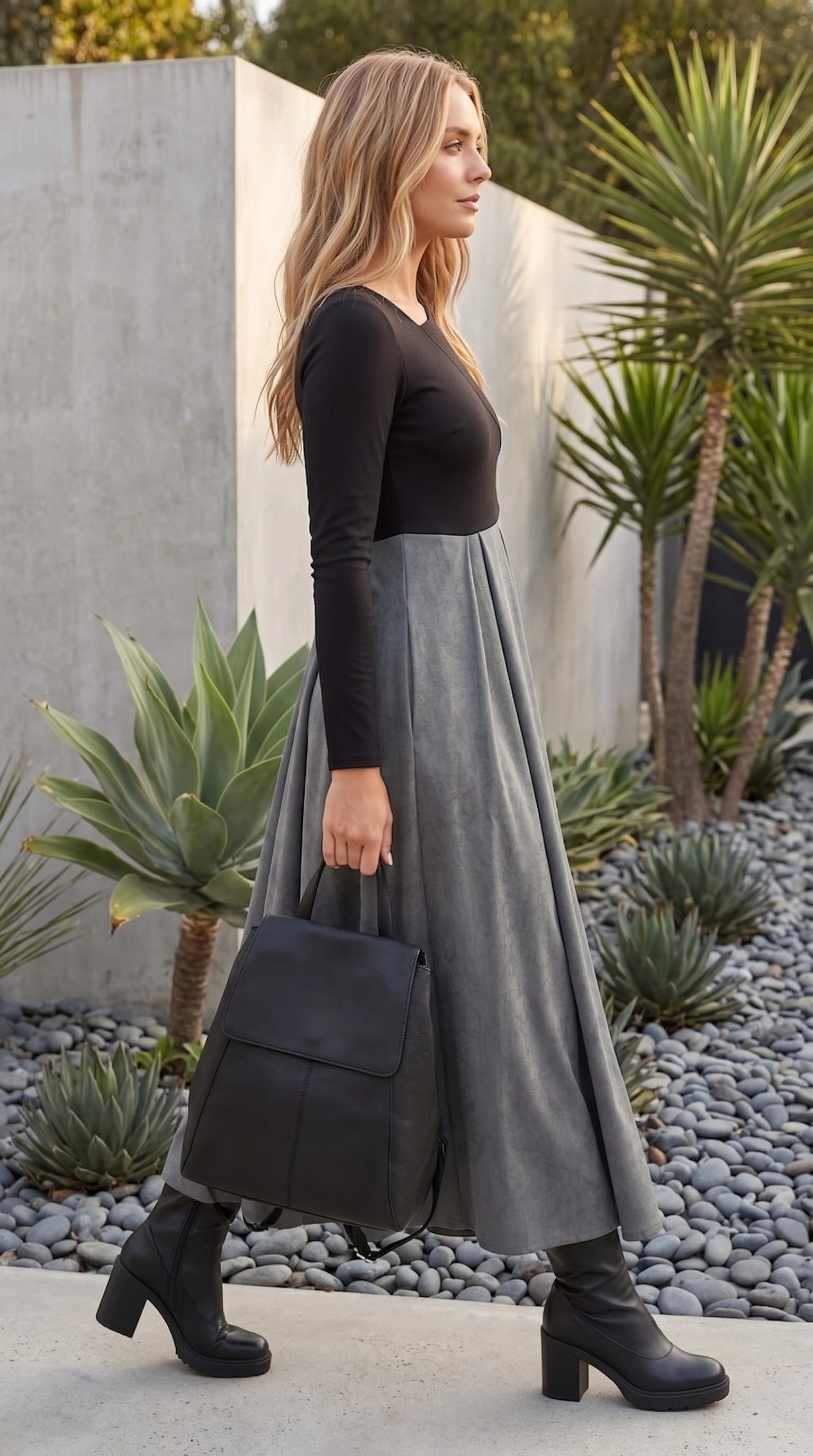 Women’s Maxi Dress With Asymmetrical Waist And Contrast Panel Skirt