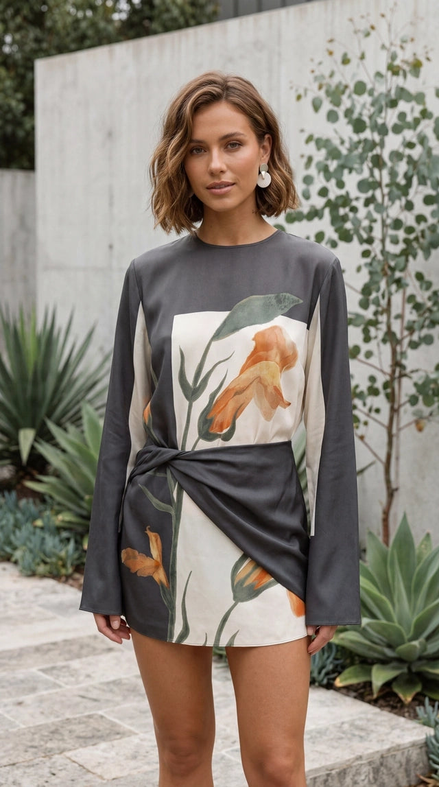 Women's Long Sleeve Floral Print Twist Front Cocktail Mini Dress