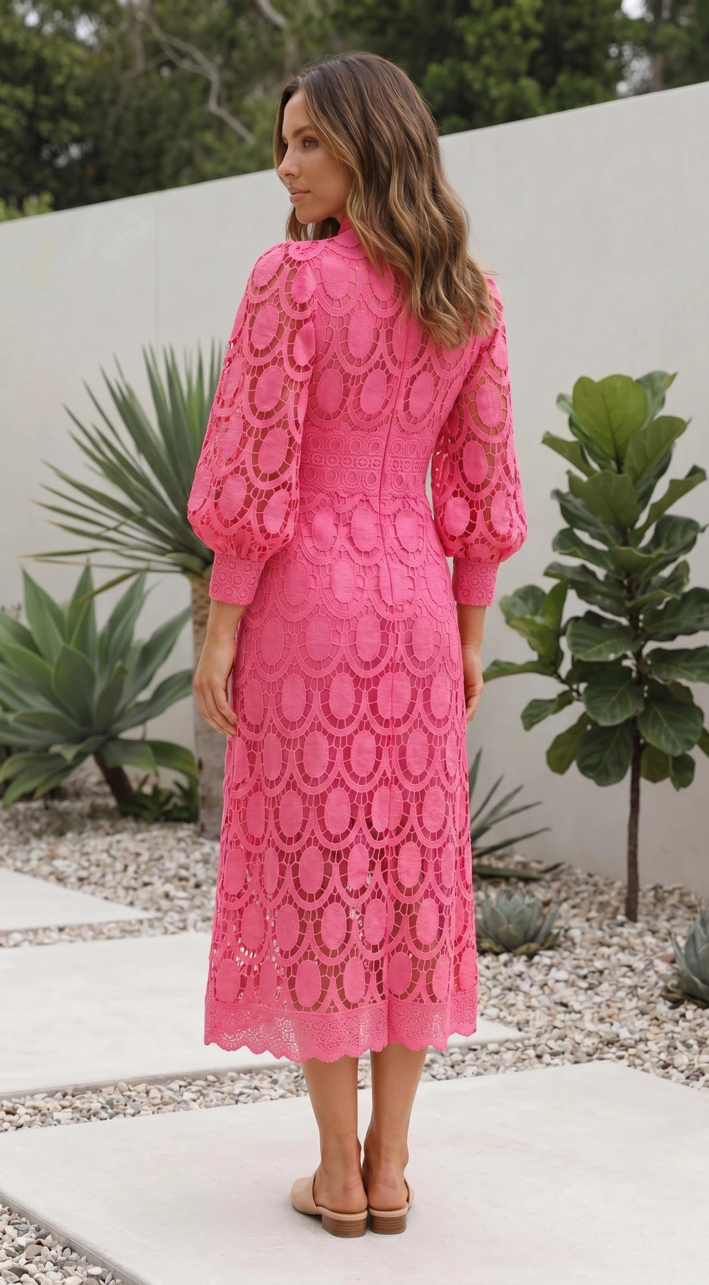 Women’s Long Sleeve High Neck Crochet Lace Midi Dress