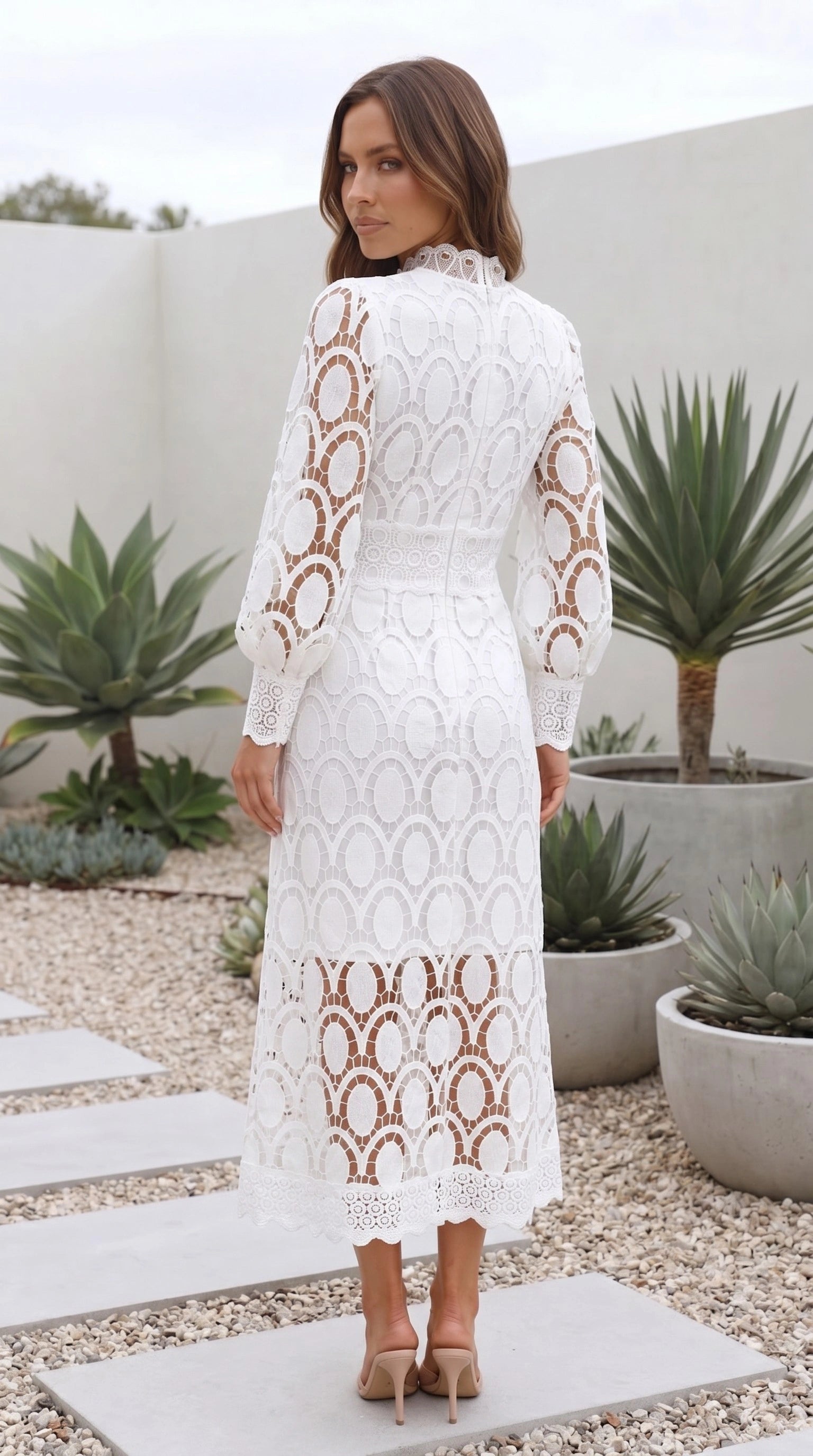 Women’s Long Sleeve High Neck Crochet Lace Midi Dress