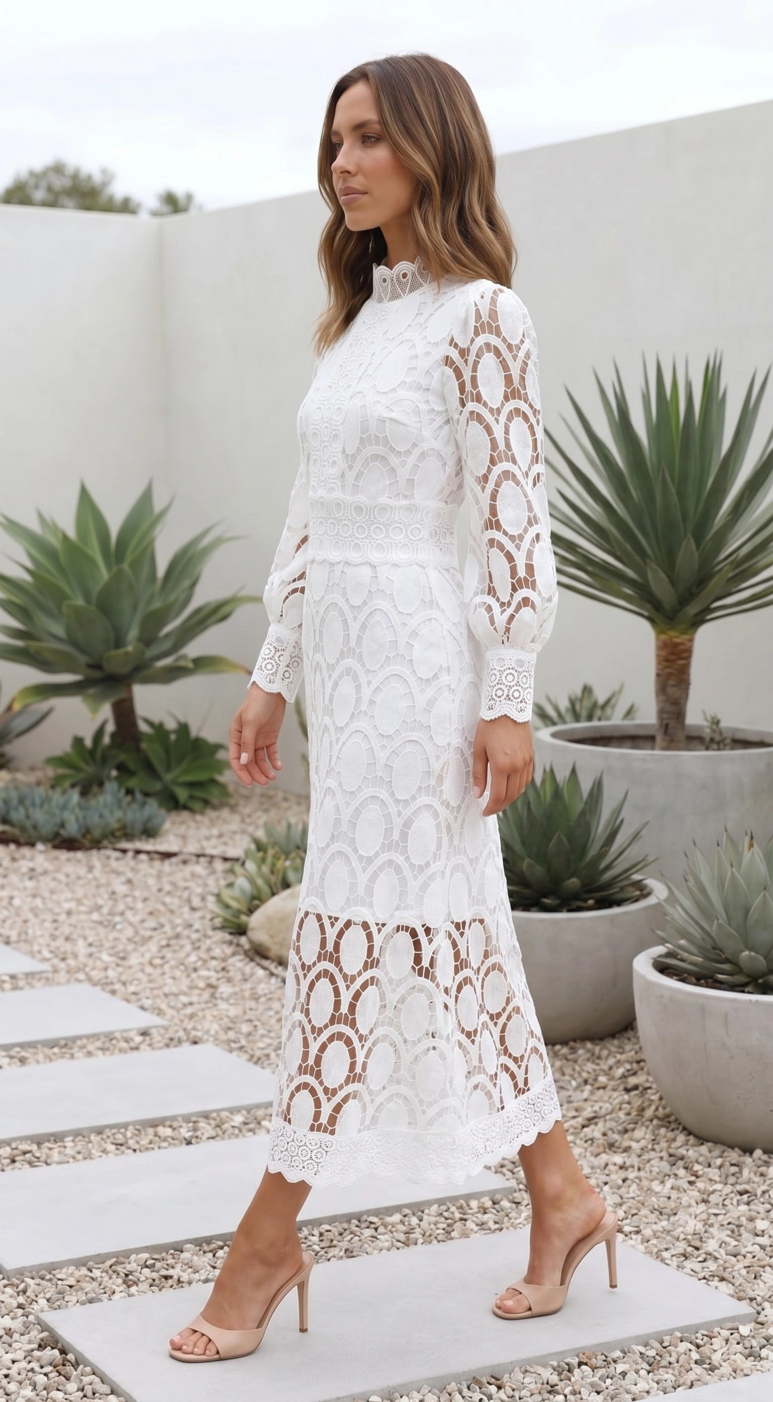 Women’s Long Sleeve High Neck Crochet Lace Midi Dress