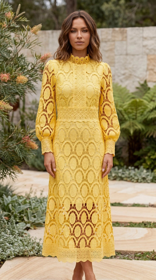 Women’s Long Sleeve High Neck Crochet Lace Midi Dress