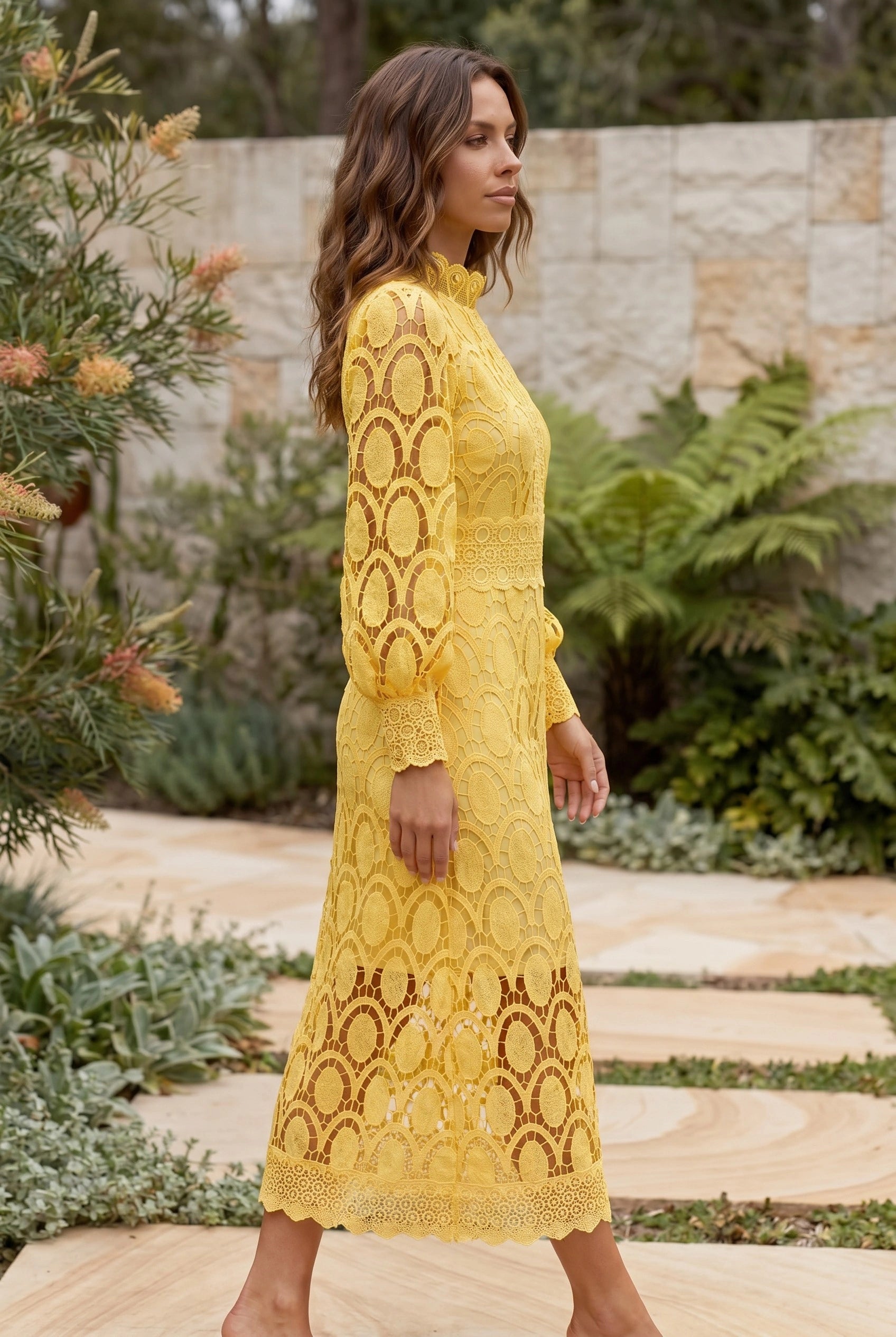 Women’s Long Sleeve High Neck Crochet Lace Midi Dress