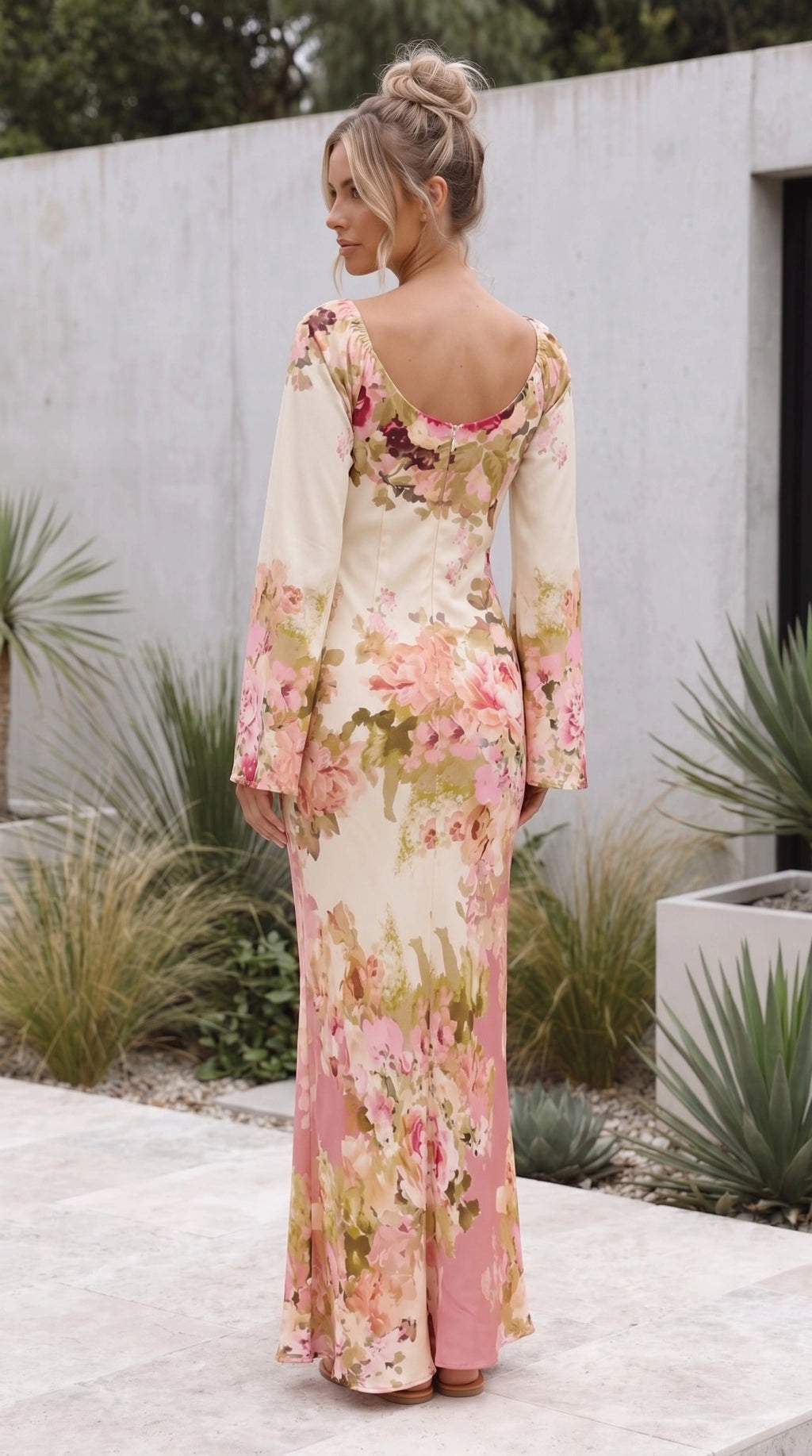 Women's Long Sleeve Round Neck Floral Bodycon Maxi Dress