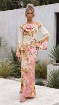 Women's Long Sleeve Round Neck Floral Bodycon Maxi Dress