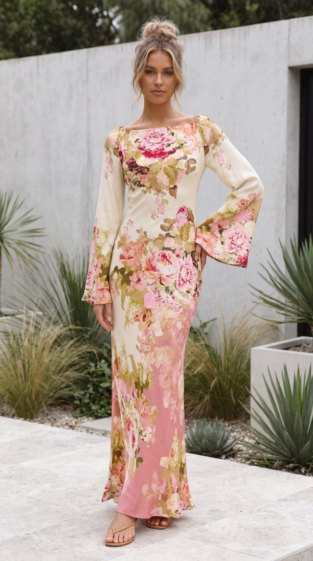 Women's Long Sleeve Round Neck Floral Bodycon Maxi Dress