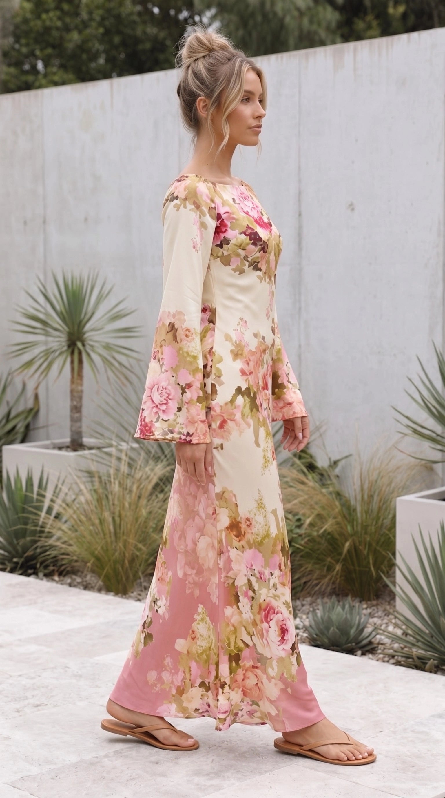 Women's Long Sleeve Round Neck Floral Bodycon Maxi Dress