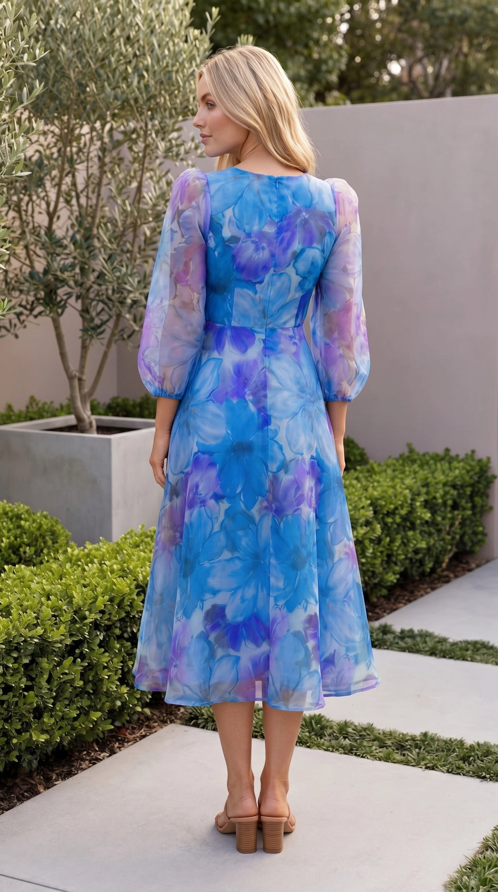 Women’s Long Sleeve Floral Print Sheer Midi Dress