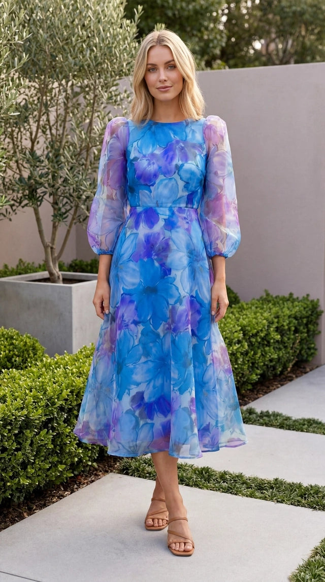Women’s Long Sleeve Floral Print Sheer Midi Dress