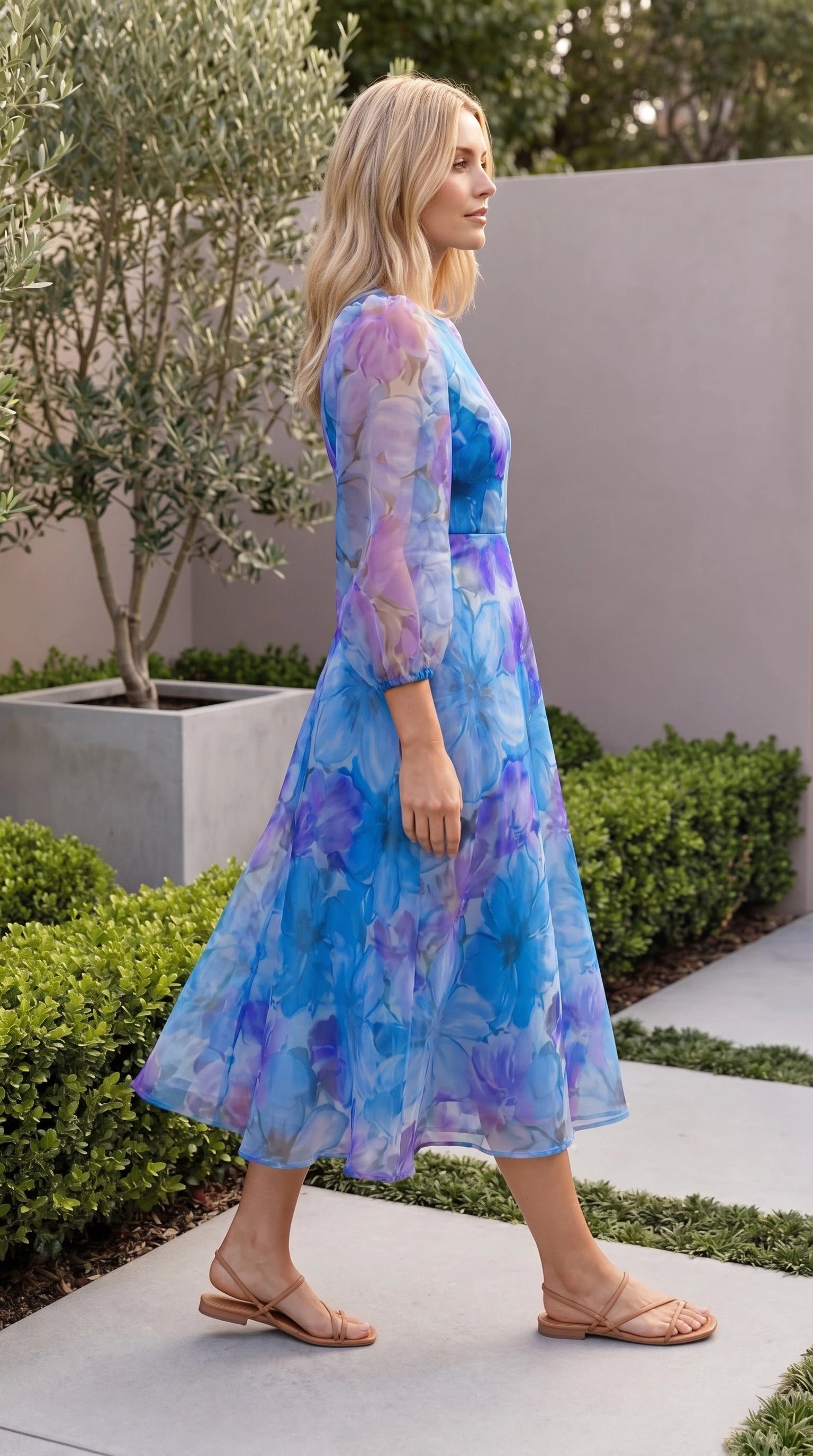 Women’s Long Sleeve Floral Print Sheer Midi Dress