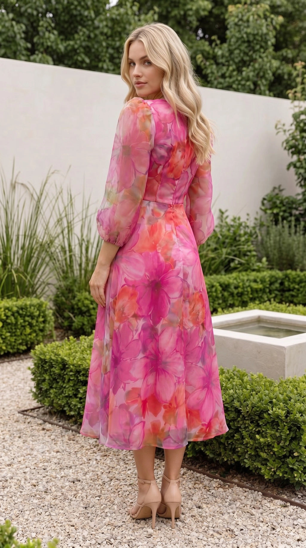 Women’s Long Sleeve Floral Print Sheer Midi Dress