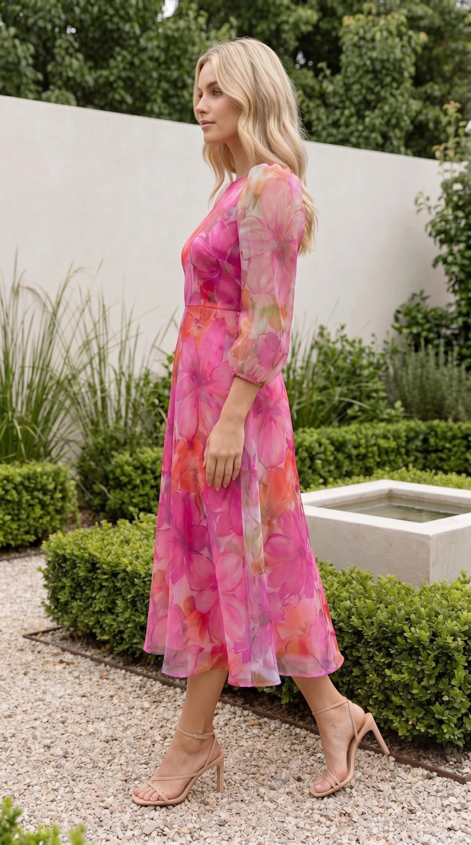 Women’s Long Sleeve Floral Print Sheer Midi Dress