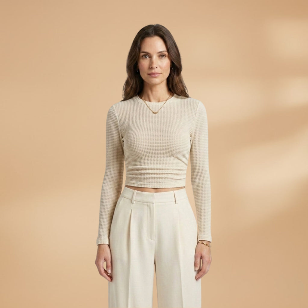 Women's Long Sleeve Textured Crop Top apricot