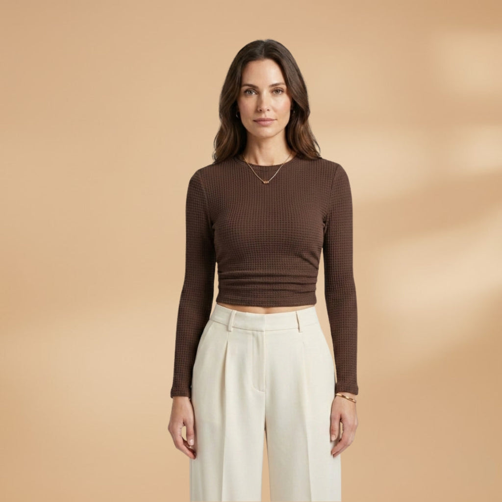 Women's Long Sleeve Textured Crop Top brown 2