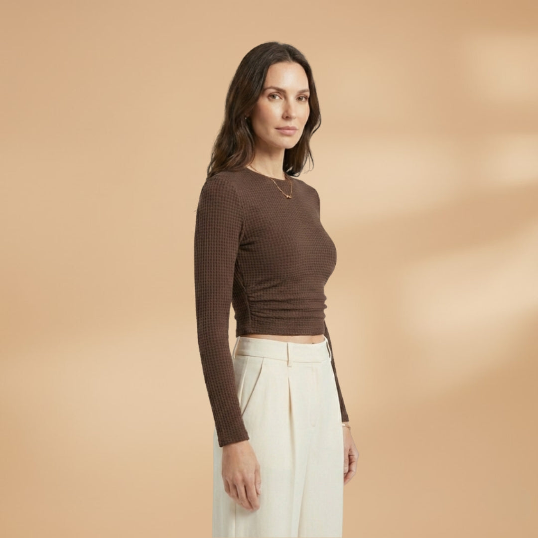 Women's Long Sleeve Textured Crop Top brown 3