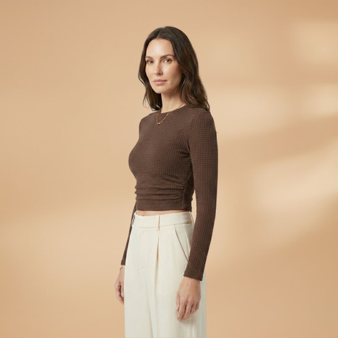 Women's Long Sleeve Textured Crop Top brown 4