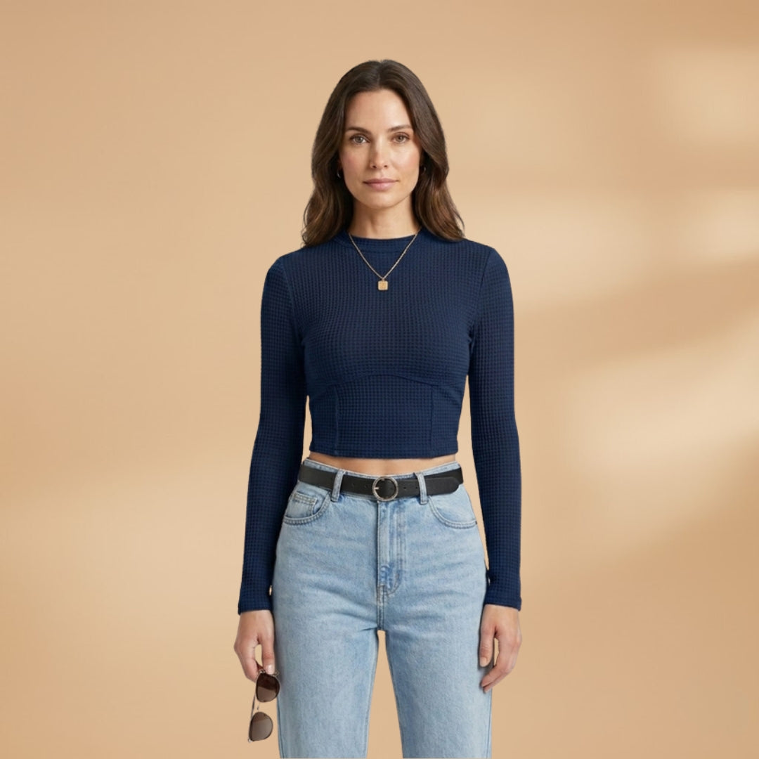Women's Long Sleeve Textured Crop Top dark blue