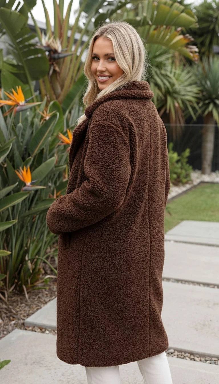 Women's Long Teddy Fleece Button-Up Coat With Lapel Collar
