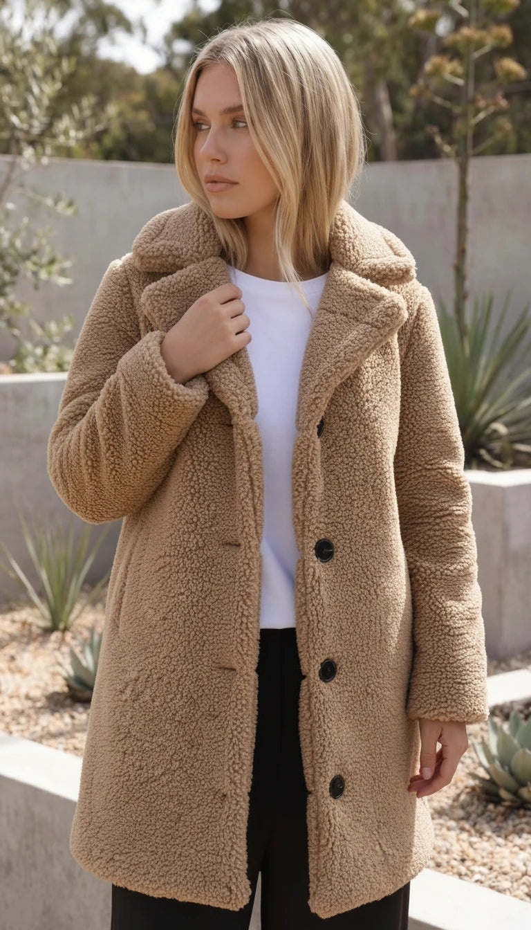 Women's Long Teddy Fleece Button-Up Coat With Lapel Collar
