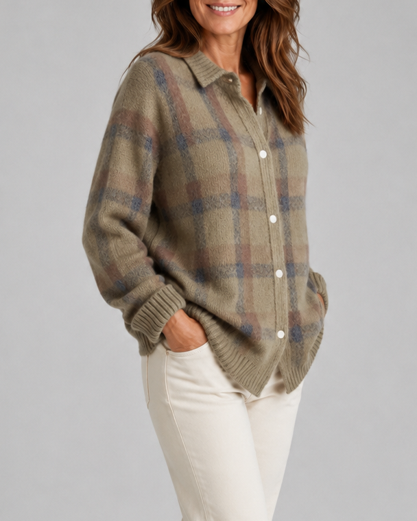 Women's Check Knit Cardigan with Button Front and Collar