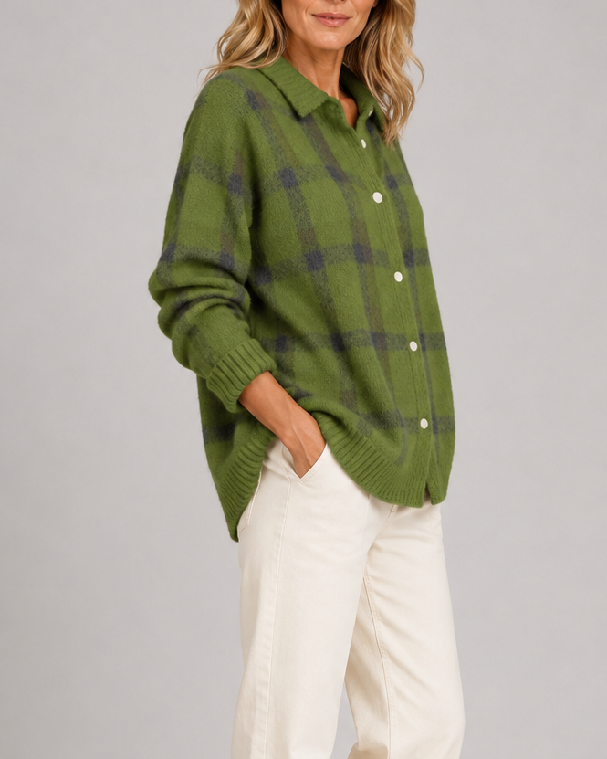 Women's Check Knit Cardigan with Button Front and Collar