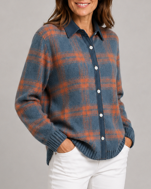 Women's Check Knit Cardigan with Button Front and Collar