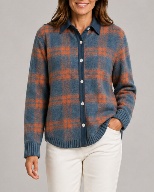 Women's Check Knit Cardigan with Button Front and Collar