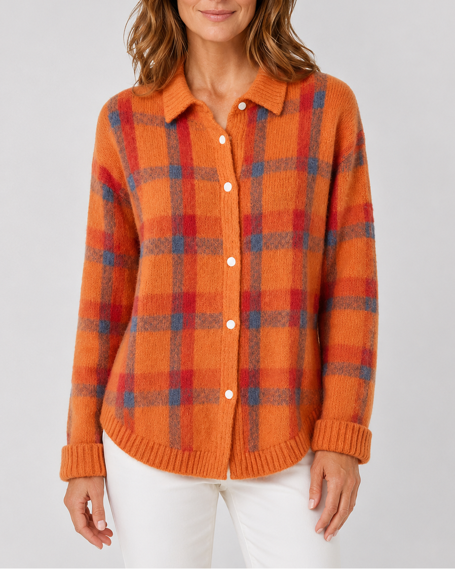 Women's Check Knit Cardigan with Button Front and Collar