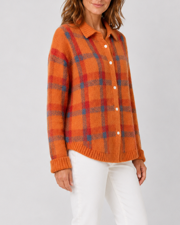Women's Check Knit Cardigan with Button Front and Collar