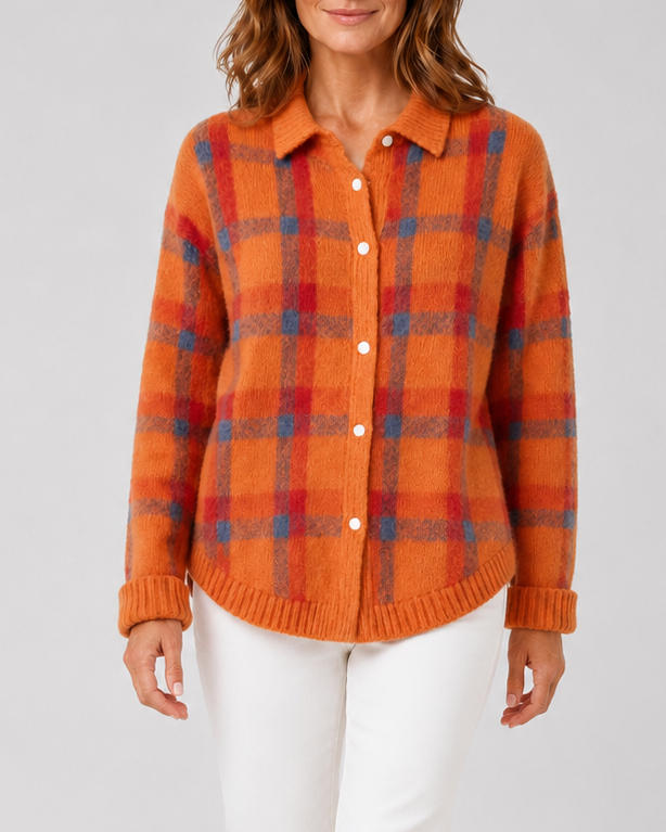 Women's Check Knit Cardigan with Button Front and Collar