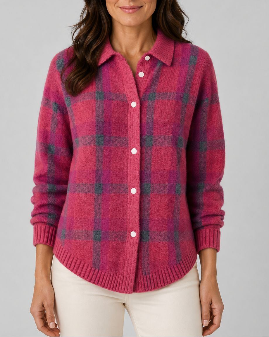 Women's Check Knit Cardigan with Button Front and Collar