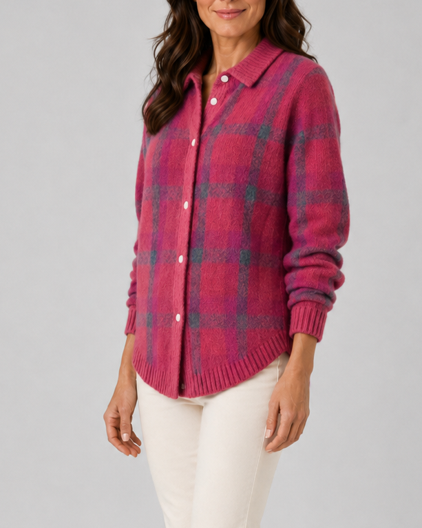 Women's Check Knit Cardigan with Button Front and Collar