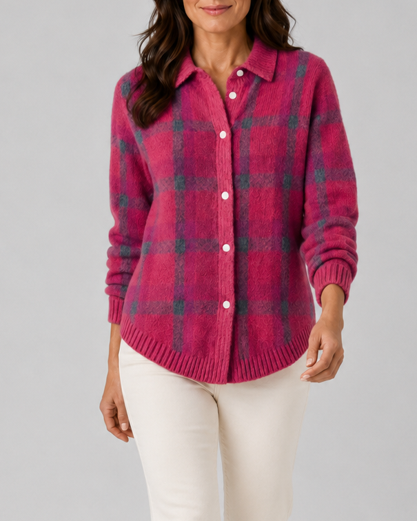 Women's Check Knit Cardigan with Button Front and Collar