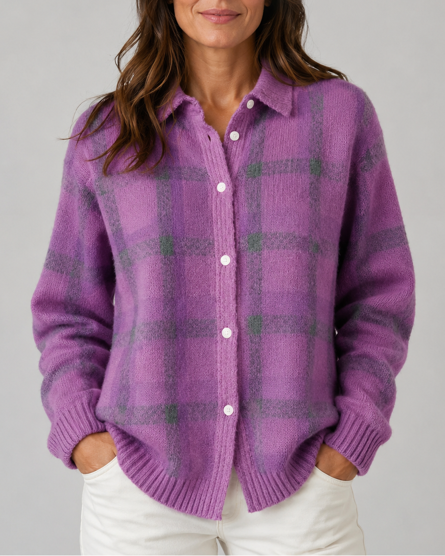 Women's Check Knit Cardigan with Button Front and Collar