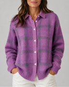 Women's Check Knit Cardigan with Button Front and Collar