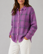 Women's Check Knit Cardigan with Button Front and Collar