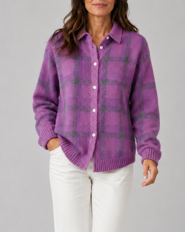 Women's Check Knit Cardigan with Button Front and Collar