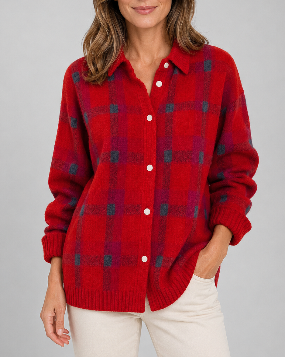 Women's Check Knit Cardigan with Button Front and Collar